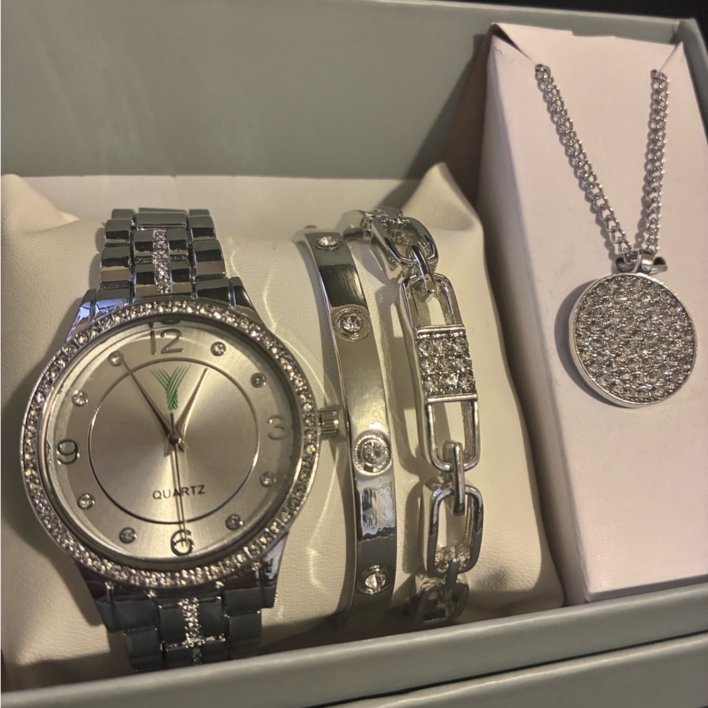 Silver Tone Women's Watch and Jewelry Set - Quartz Bracelet and Pendant